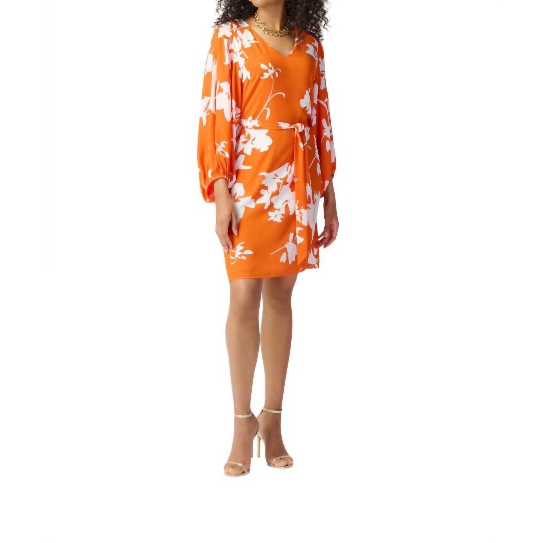 New Joseph Ribkoff Floral V Neck Dress In Mandarin/Vanilla
